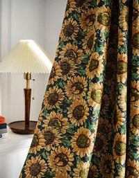 Cortinas de lino y algodón con borlas y estampado de girasoles vintage