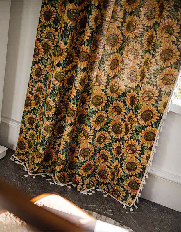 Vintage Sunflower Pattern Cotton Linen Tassel Curtains