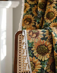 Cortinas de lino y algodón con borlas y estampado de girasoles vintage