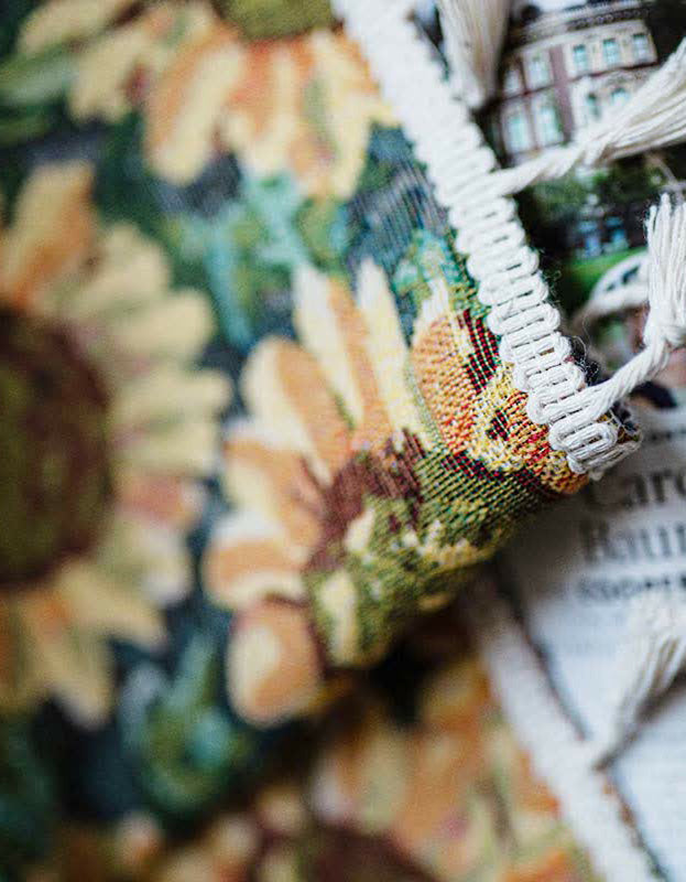 Cortinas de lino y algodón con borlas y estampado de girasoles vintage