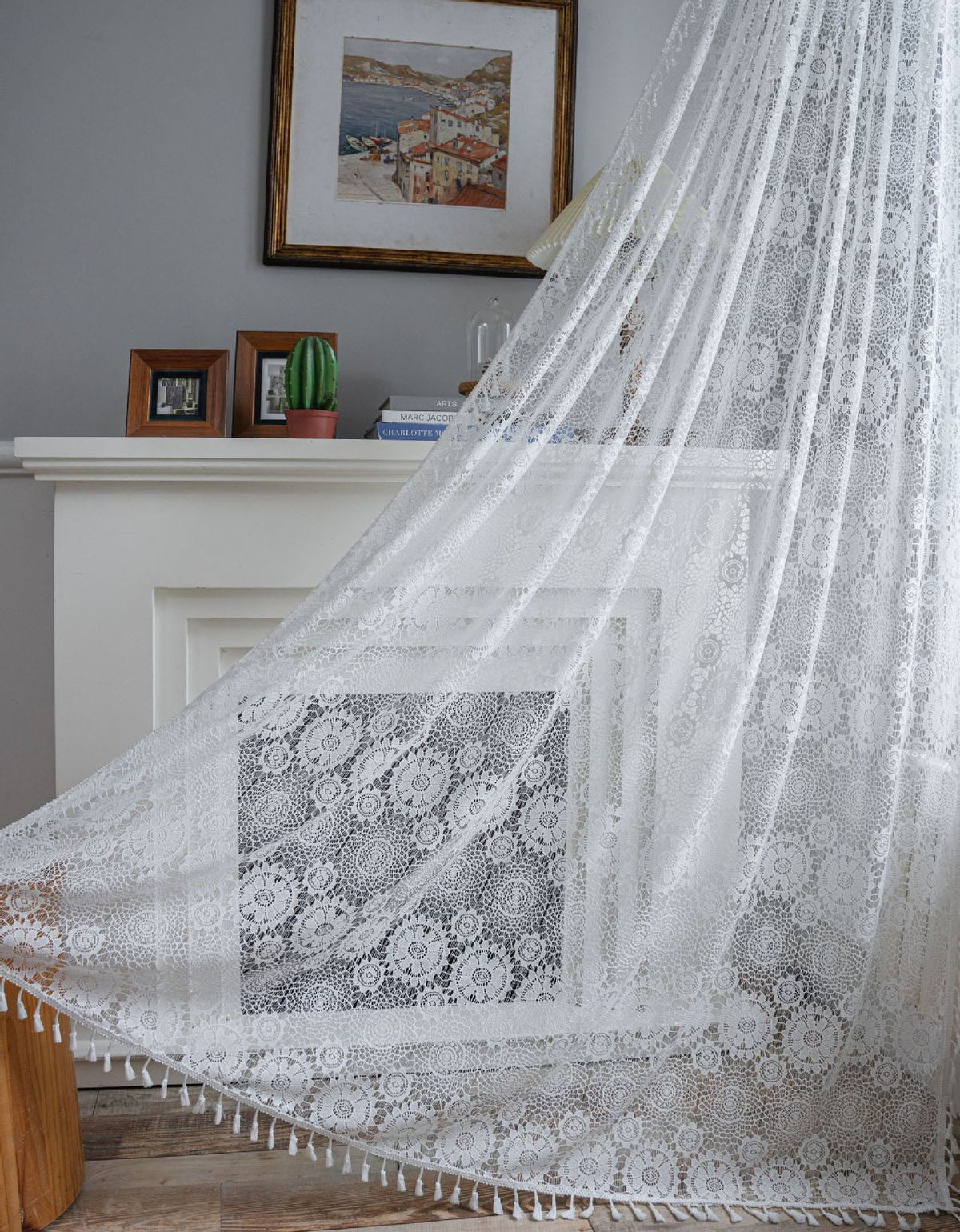 Vintage White Lace Curtain with Elegant Tassel Trim