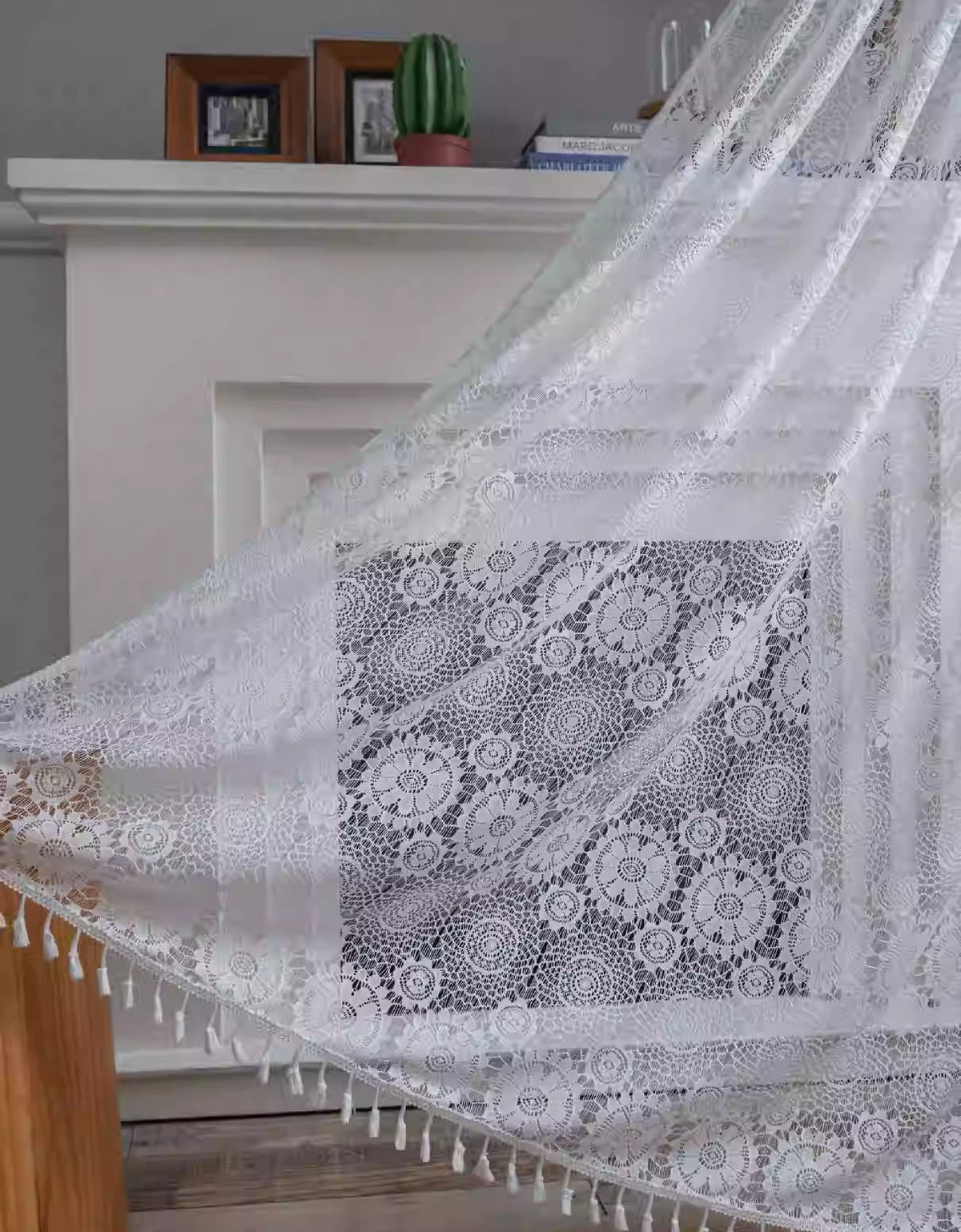 Vintage White Lace Curtain with Elegant Tassel Trim