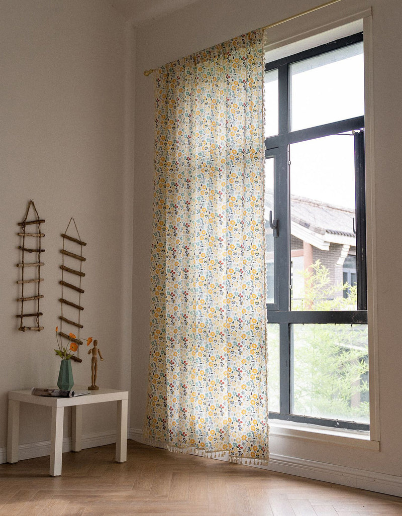 Yellow Flower Tassel Cotton Linen Curtains