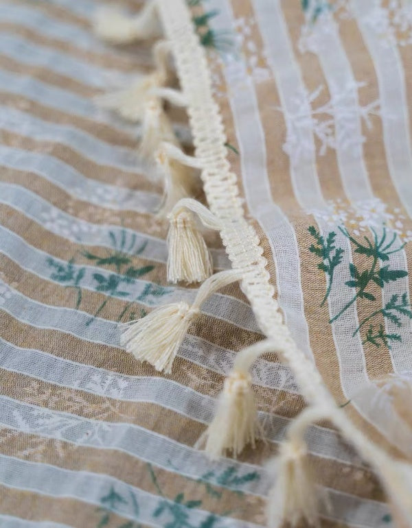 Yellow Striped Floral Cotton Country Tablecloth