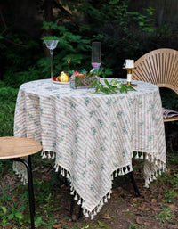 Mantel rústico de algodón con estampado floral y rayas amarillas