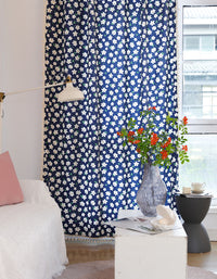 Summer White Flowers Printing Cotton Curtain Navy