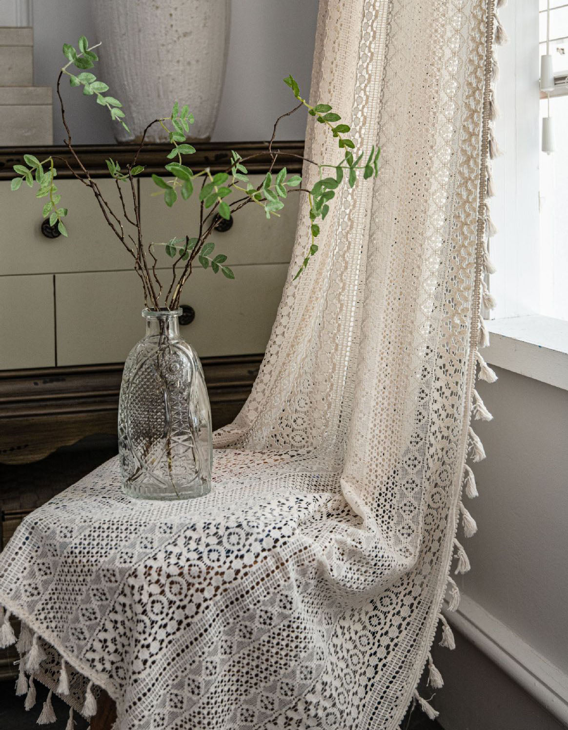 Rideaux de chambre à coucher en dentelle creuse rétro au crochet beige 