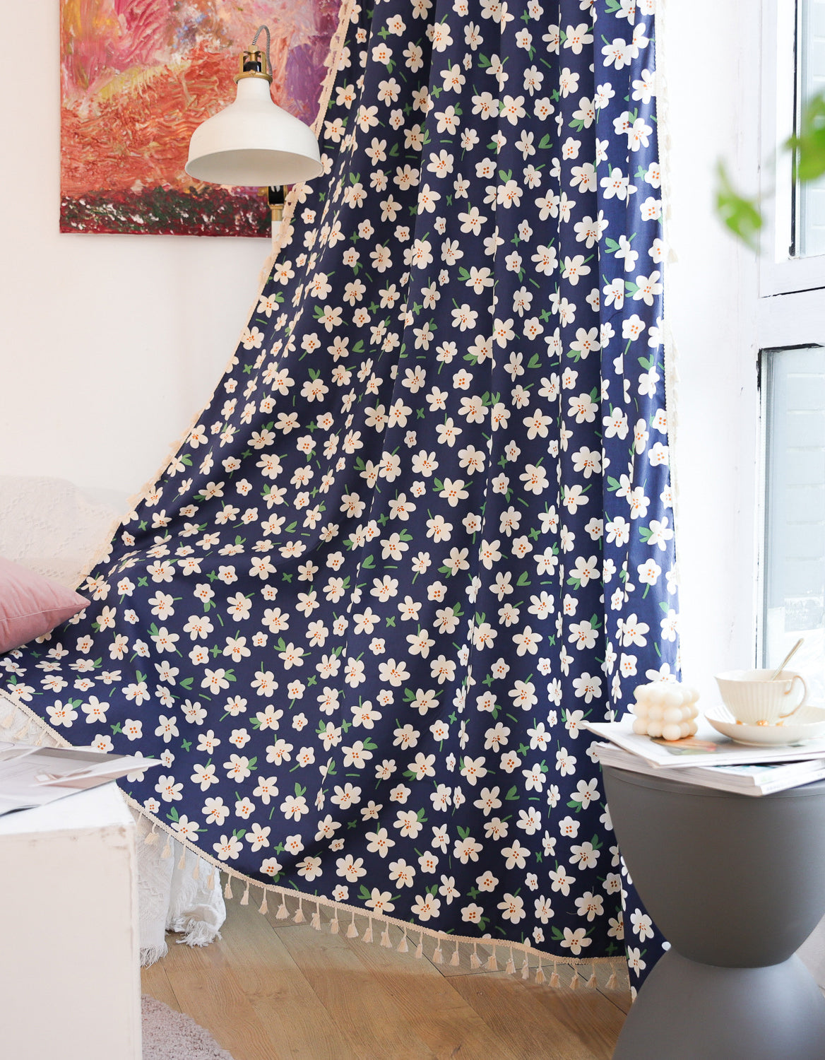 Summer White Flowers Printing Cotton Curtain Navy