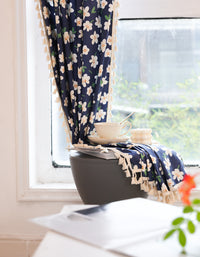 Summer White Flowers Printing Cotton Curtain Navy