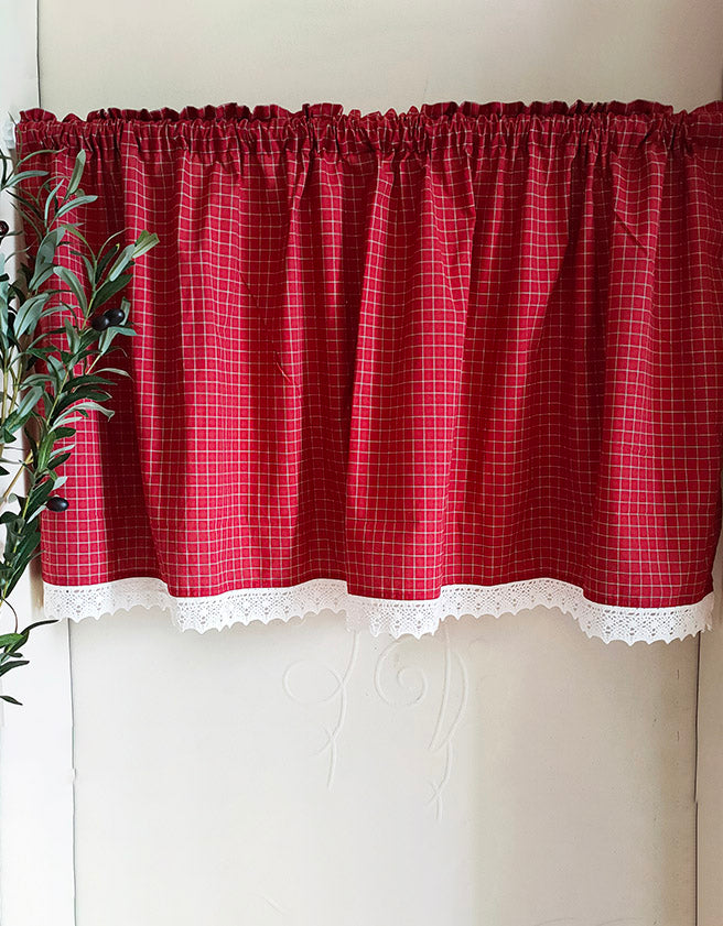 Red Plaid Lace Hem Half Door Curtains