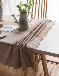 Nappe en coton et lin avec bordure à pompons 