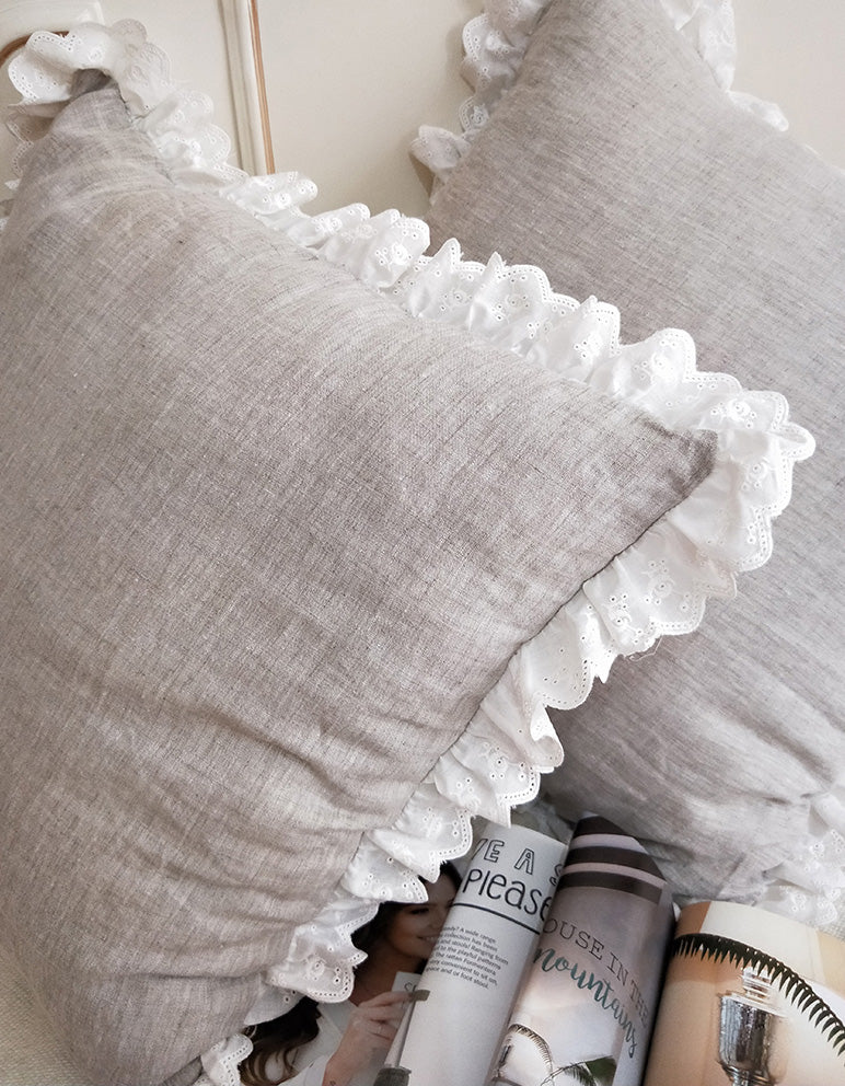 Lace Edge Washed Linen Sofa Cushion Cover