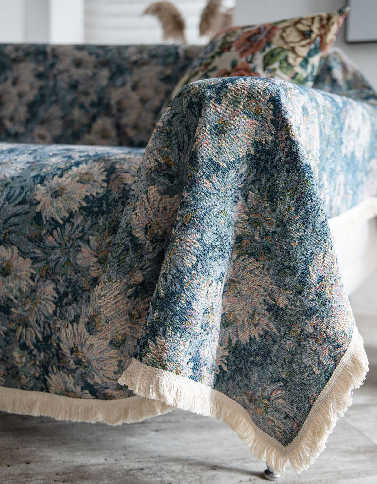 Manta para sofá con estampado de jacquard floral en azul estilo country americano 