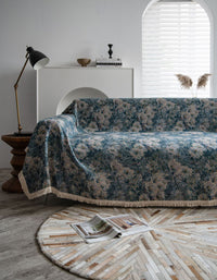 Manta para sofá con estampado de jacquard floral en azul estilo country americano 