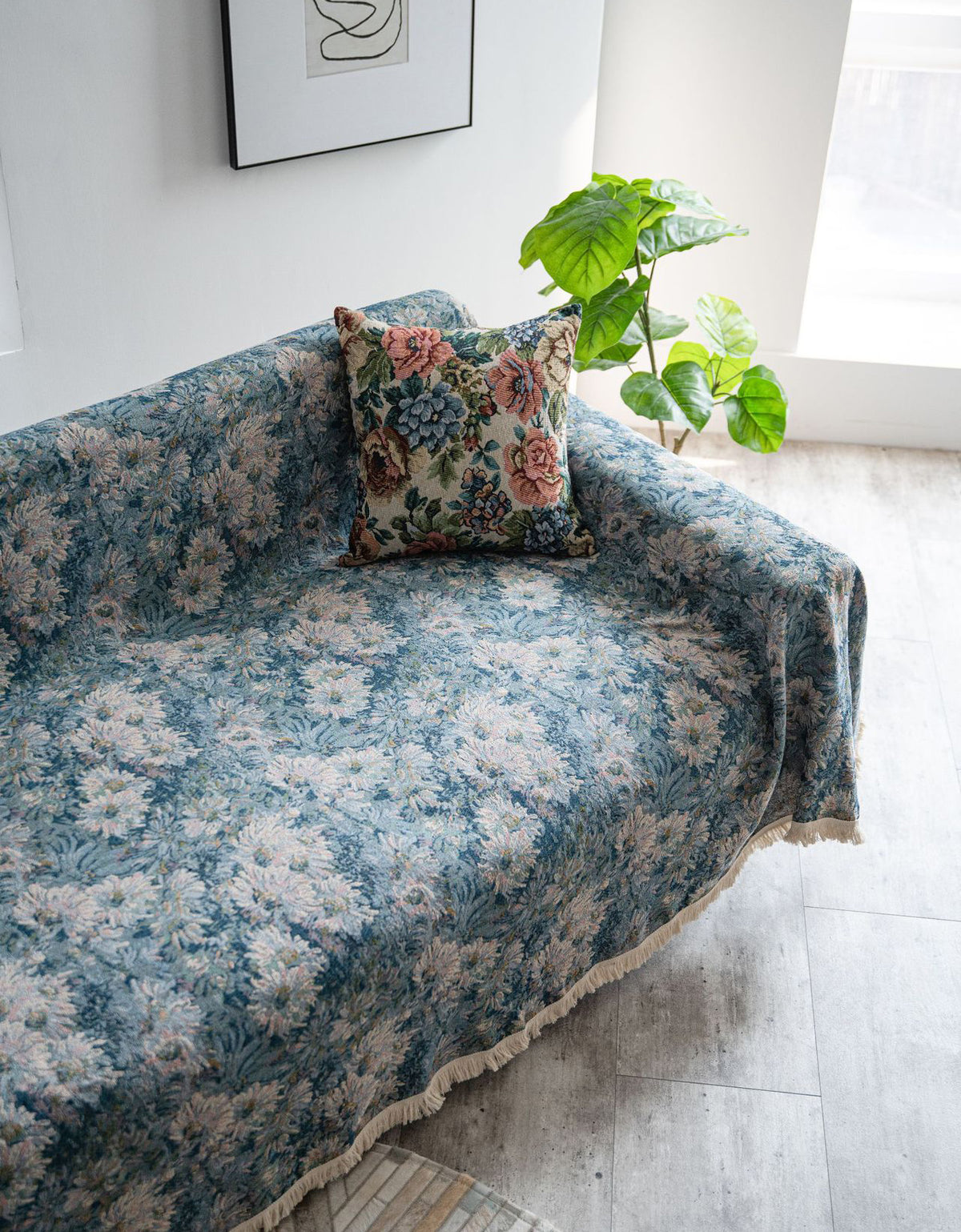 Manta para sofá con estampado de jacquard floral en azul estilo country americano 