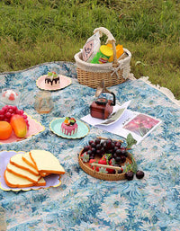 Manta de picnic para exteriores con borlas y estampado de flores azules