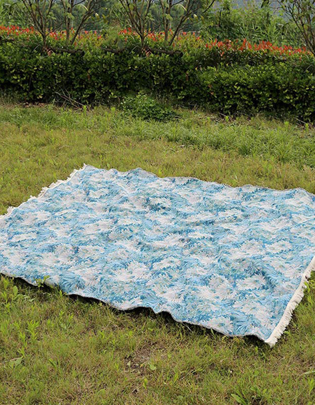 Blue Flower Print Outdoor Tassel Picnic Blanket