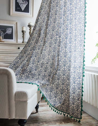 Blue White Porcelain Pattern Fringe Edge Curtains