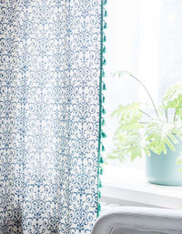 Blue White Porcelain Pattern Fringe Edge Curtains