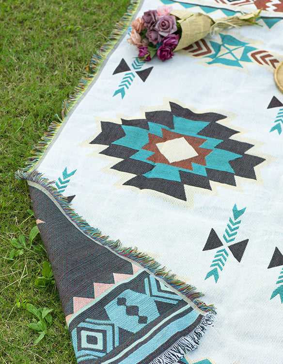 Manta de picnic al aire libre de algodón con estampado de hojas bohemias