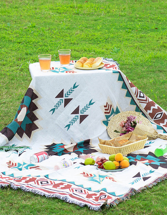 Manta de picnic al aire libre de algodón con estampado de hojas bohemias