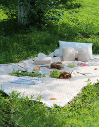 Couverture de pique-nique à pompons pour camping en plein air avec sangle en cuir