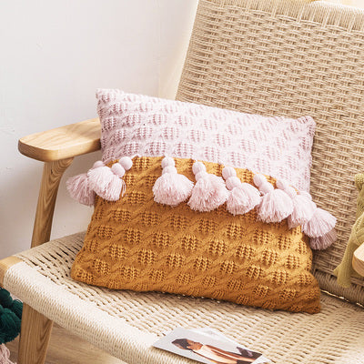 Housse de coussin à pompons en tricot de style ethnique