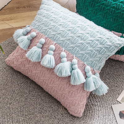 Housse de coussin à pompons en tricot de style ethnique