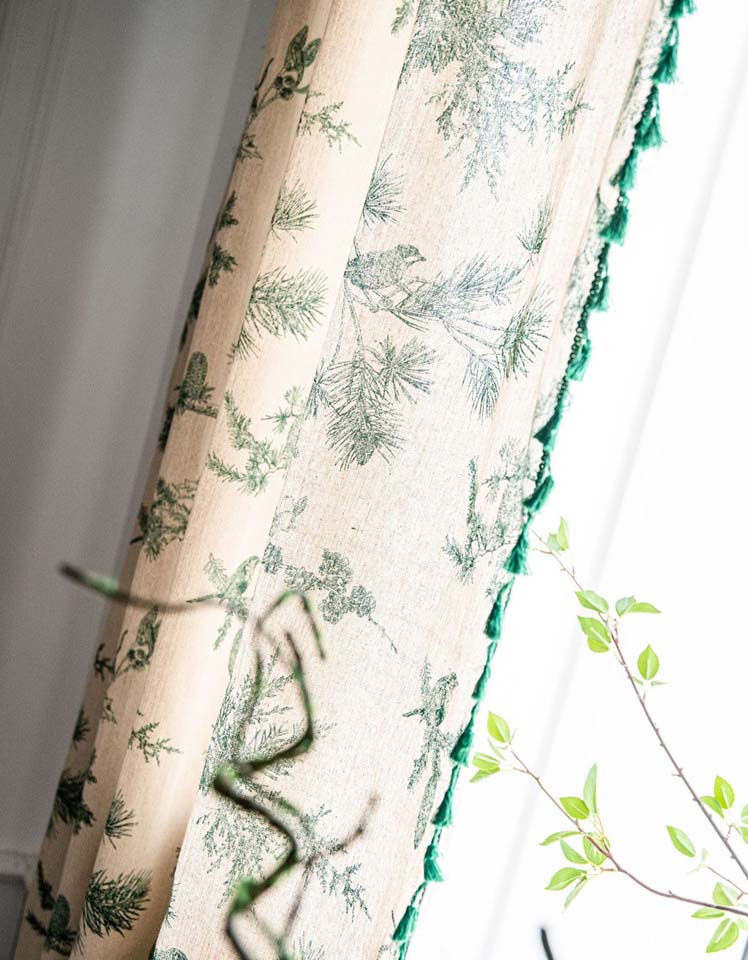 Green Tassel Edging Pine Cone Printed Curtains