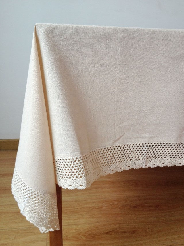 Mediterranean Style Cotton Tablecloth With Lace Trim