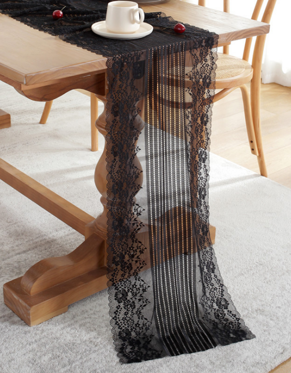 Nordic White Black Lace Table Runner