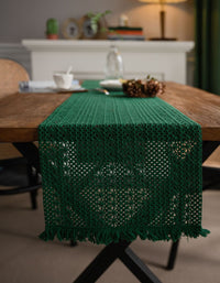 Chemin de table vert à pompons tricotés vintage